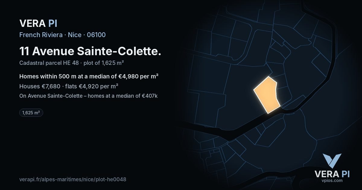 11 Avenue Sainte-Colette, Nice at night – the plot lit, the parcels around coloured by the prices near them