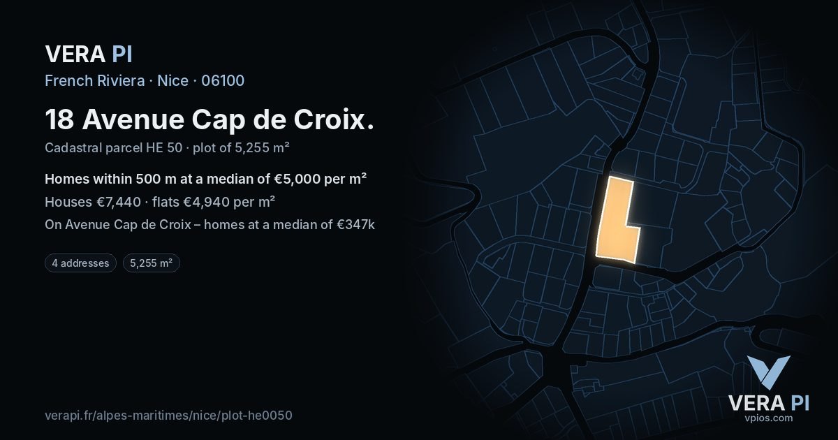 18 Avenue Cap de Croix, Nice at night – the plot lit, the parcels around coloured by the prices near them