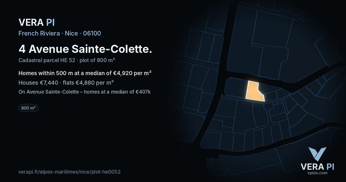 4 Avenue Sainte-Colette, Nice at night – the plot lit, the parcels around coloured by the prices near them