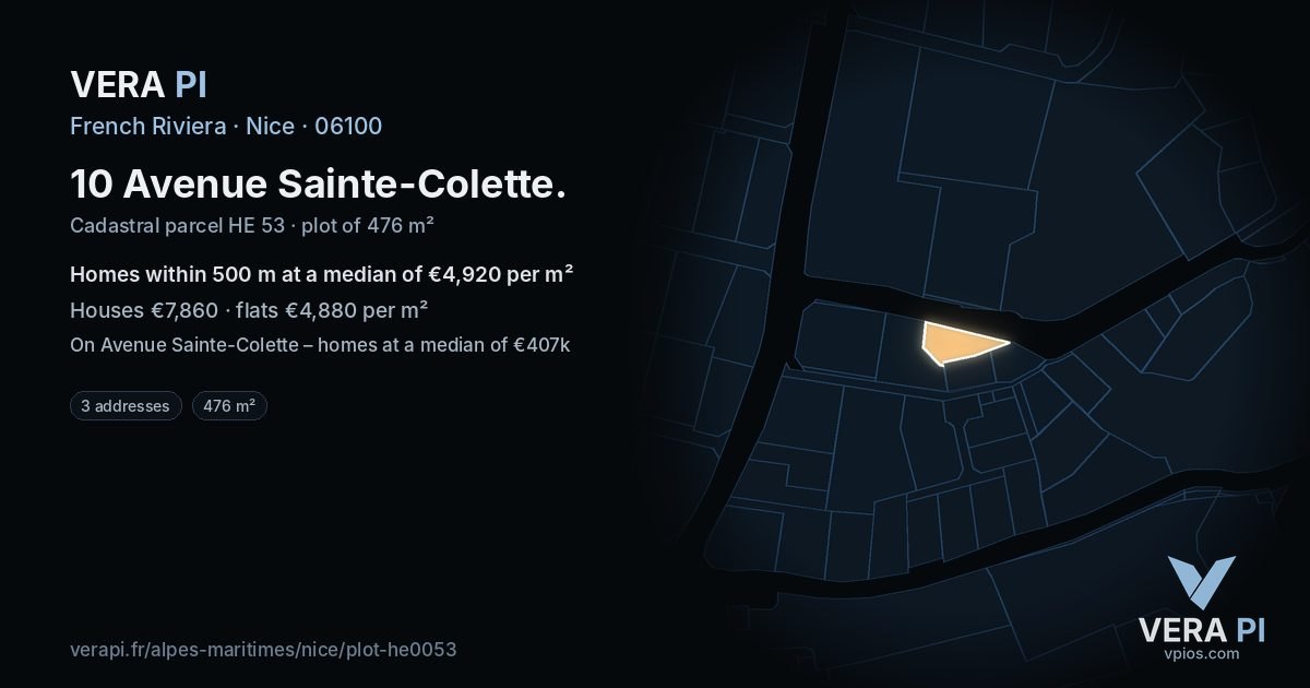 10 Avenue Sainte-Colette, Nice at night – the plot lit, the parcels around coloured by the prices near them