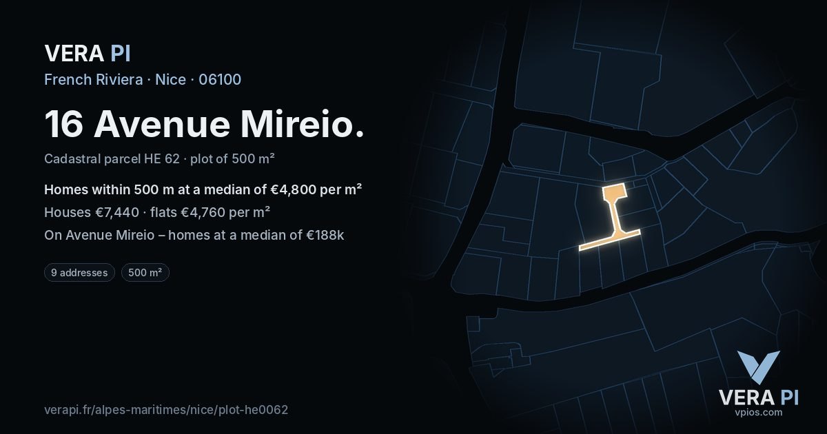16 Avenue Mireio, Nice at night – the plot lit, the parcels around coloured by the prices near them