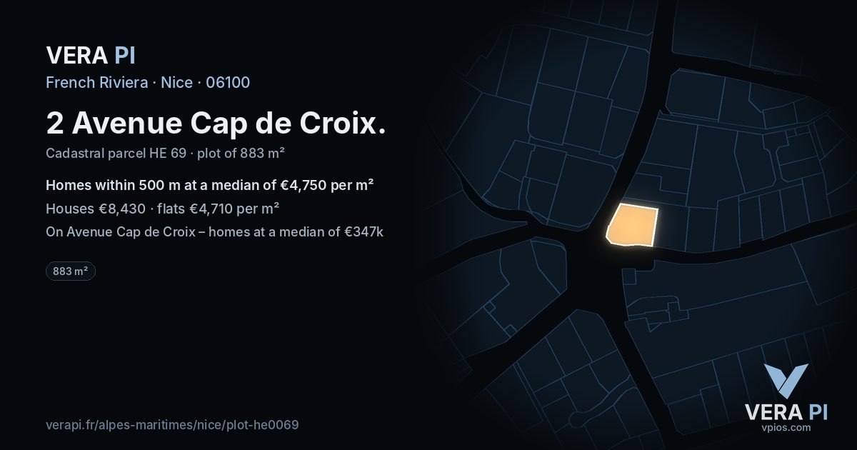 2 Avenue Cap de Croix, Nice at night – the plot lit, the parcels around coloured by the prices near them