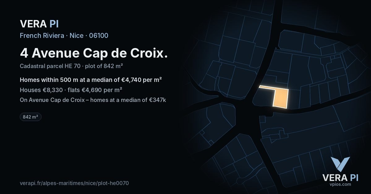 4 Avenue Cap de Croix, Nice at night – the plot lit, the parcels around coloured by the prices near them