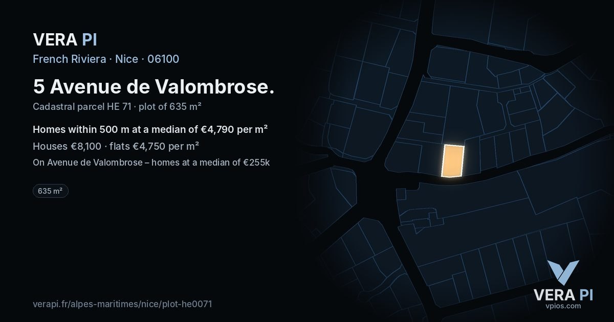5 Avenue de Valombrose, Nice at night – the plot lit, the parcels around coloured by the prices near them