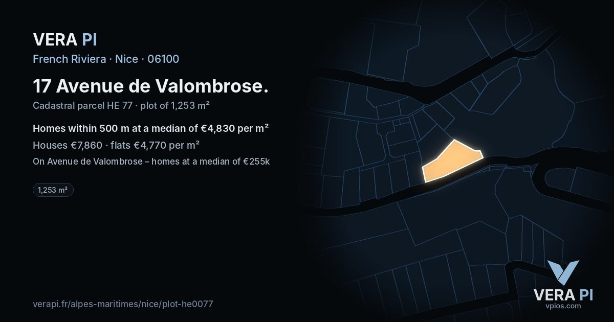 17 Avenue de Valombrose, Nice at night – the plot lit, the parcels around coloured by the prices near them