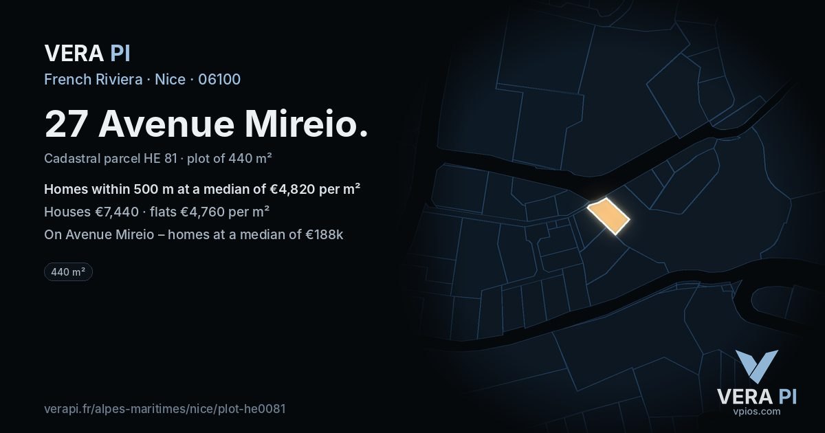 27 Avenue Mireio, Nice at night – the plot lit, the parcels around coloured by the prices near them