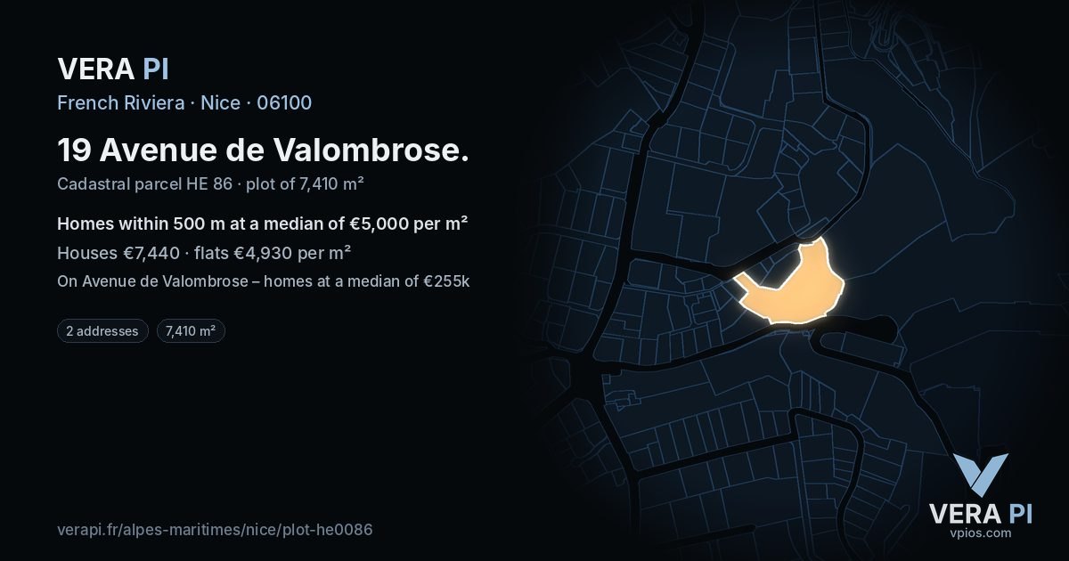 19 Avenue de Valombrose, Nice at night – the plot lit, the parcels around coloured by the prices near them