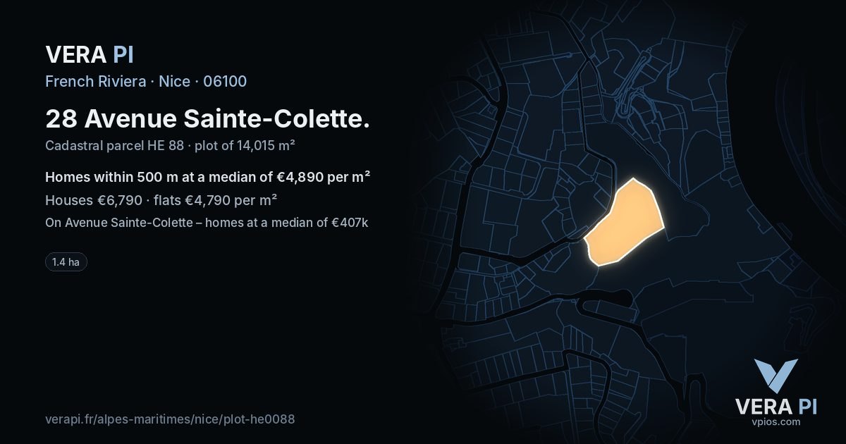 28 Avenue Sainte-Colette, Nice at night – the plot lit, the parcels around coloured by the prices near them