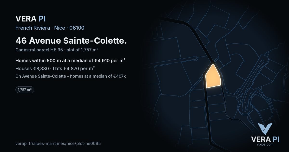 46 Avenue Sainte-Colette, Nice at night – the plot lit, the parcels around coloured by the prices near them