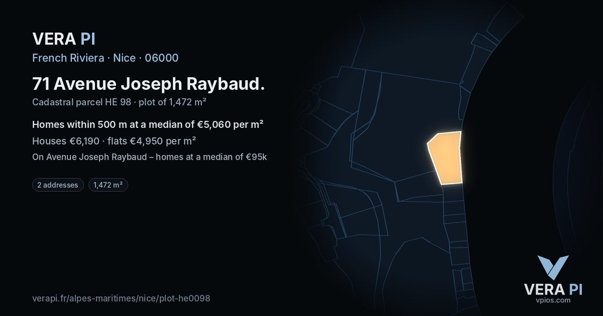 71 Avenue Joseph Raybaud, Nice at night – the plot lit, the parcels around coloured by the prices near them