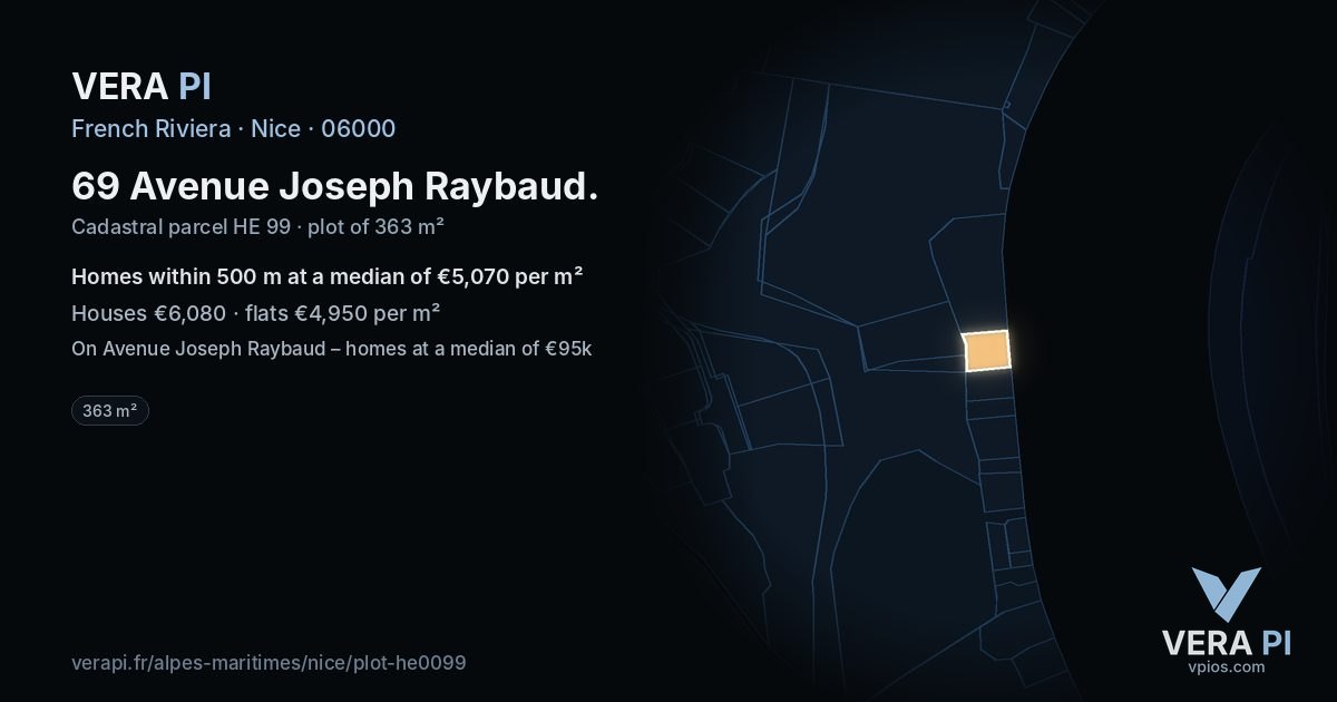69 Avenue Joseph Raybaud, Nice at night – the plot lit, the parcels around coloured by the prices near them