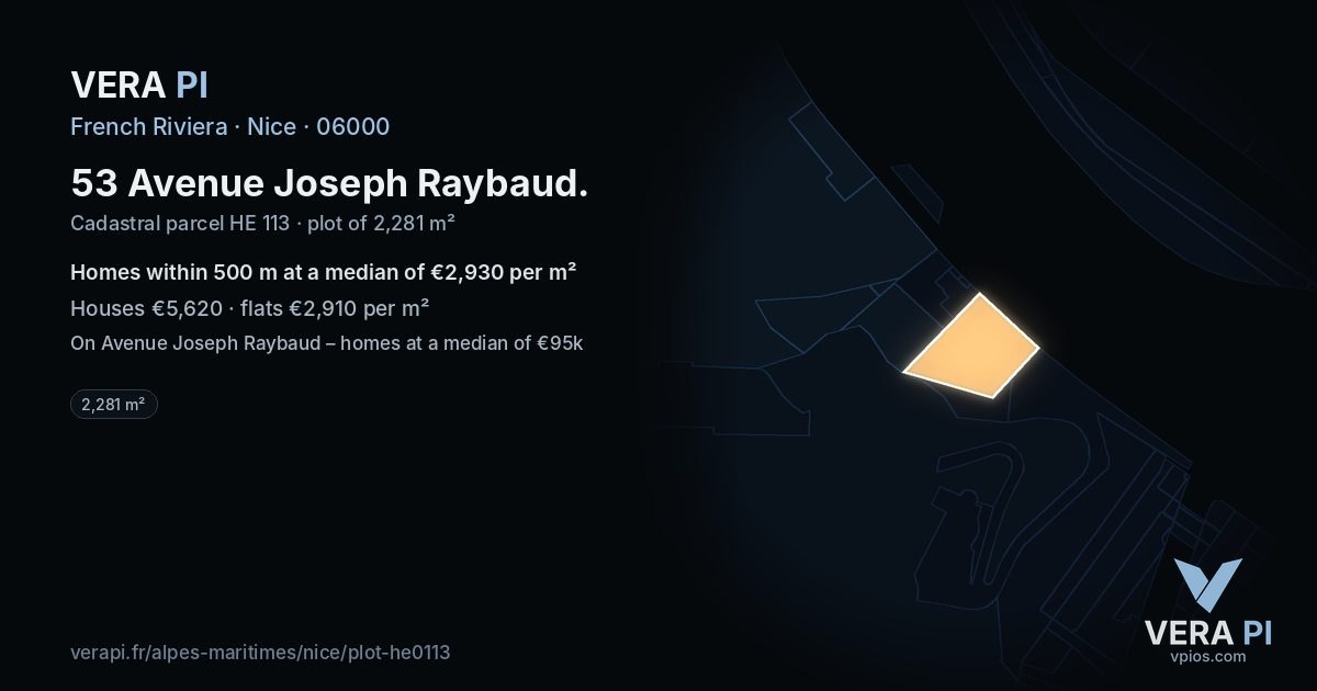 53 Avenue Joseph Raybaud, Nice at night – the plot lit, the parcels around coloured by the prices near them