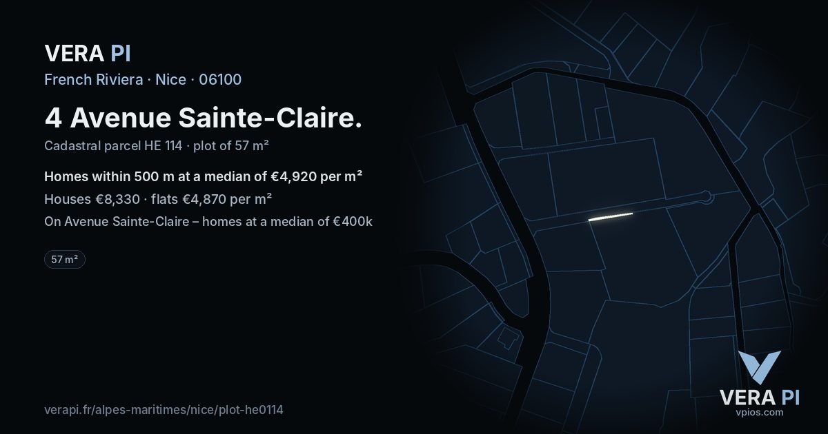 4 Avenue Sainte-Claire, Nice at night – the plot lit, the parcels around coloured by the prices near them