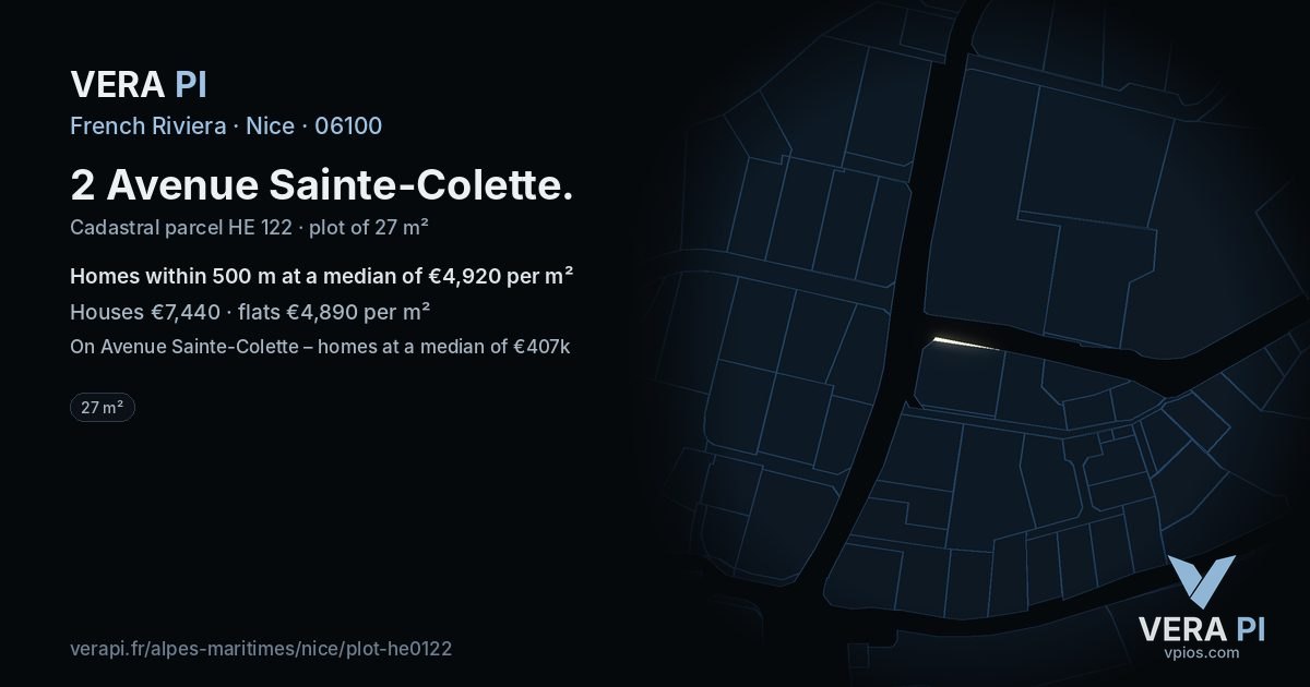 2 Avenue Sainte-Colette, Nice at night – the plot lit, the parcels around coloured by the prices near them
