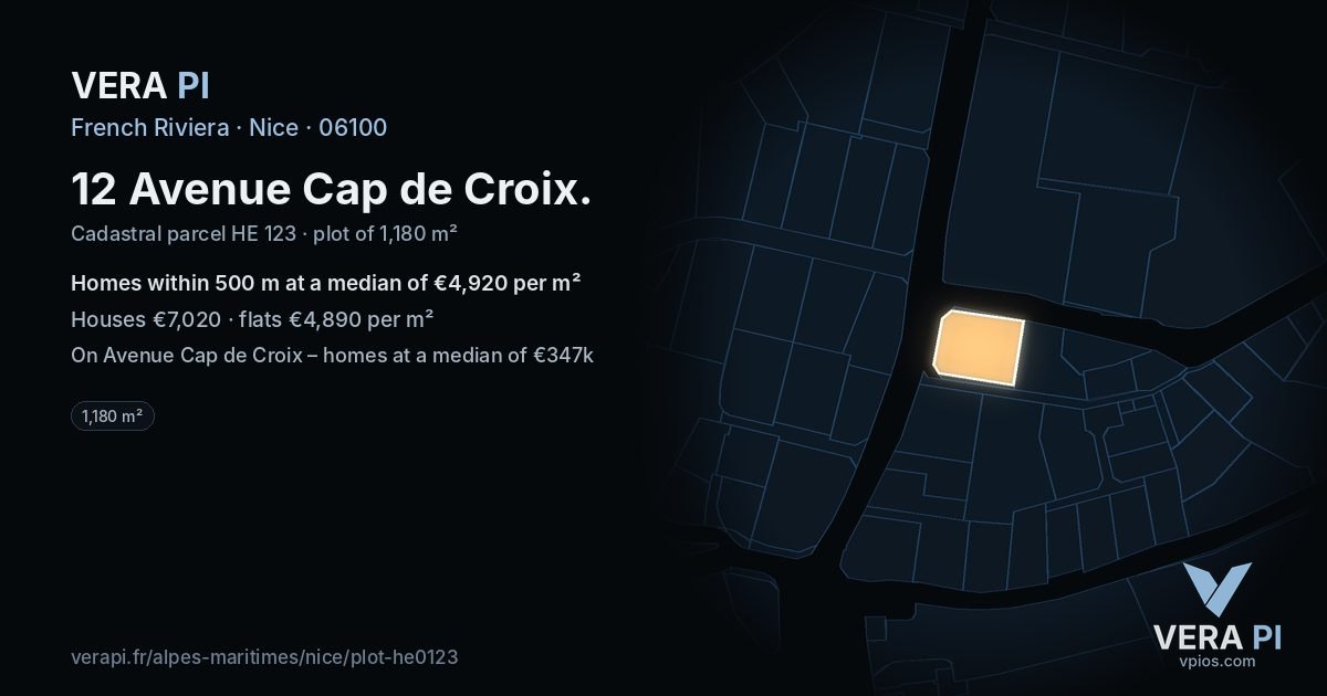 12 Avenue Cap de Croix, Nice at night – the plot lit, the parcels around coloured by the prices near them