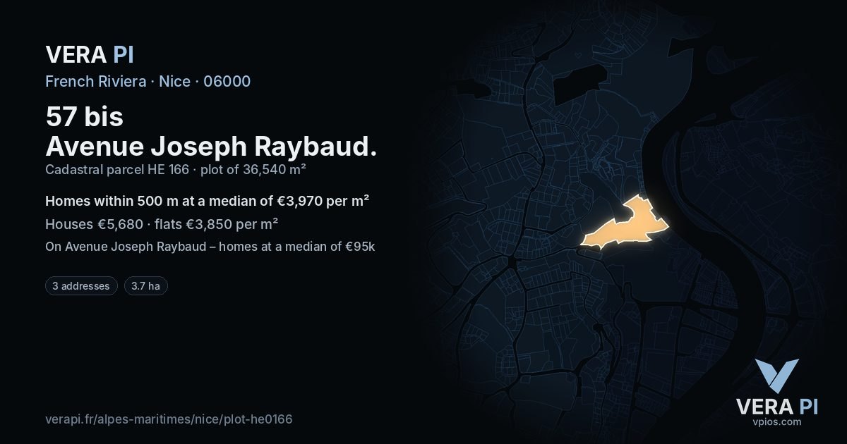 57 bis Avenue Joseph Raybaud, Nice at night – the plot lit, the parcels around coloured by the prices near them
