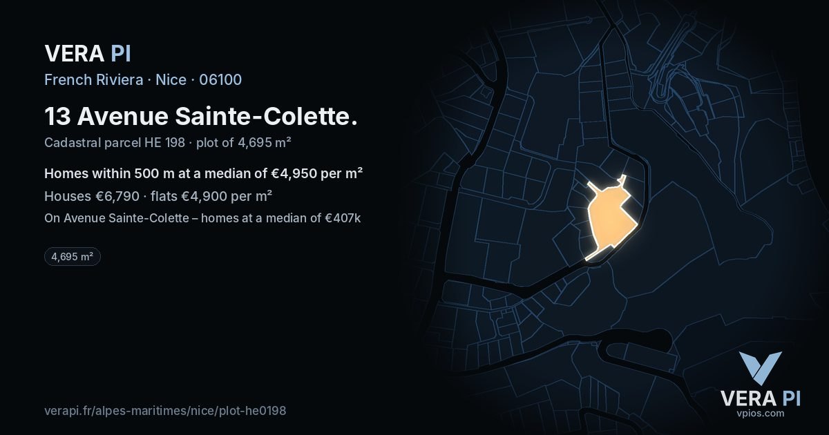 13 Avenue Sainte-Colette, Nice at night – the plot lit, the parcels around coloured by the prices near them