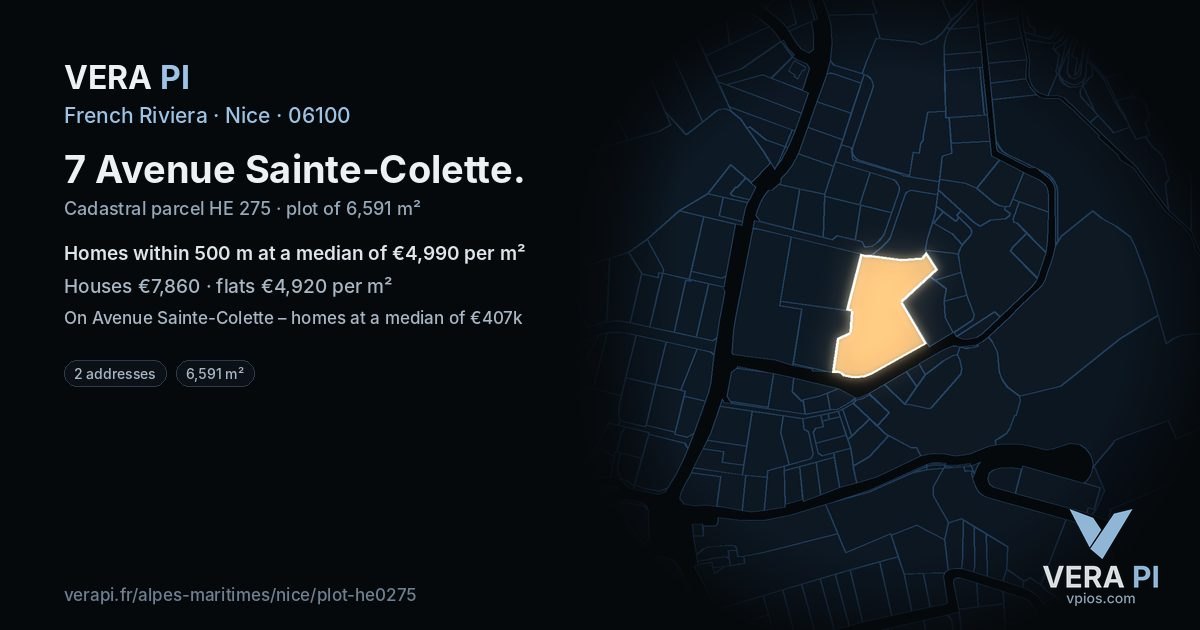 7 Avenue Sainte-Colette, Nice at night – the plot lit, the parcels around coloured by the prices near them