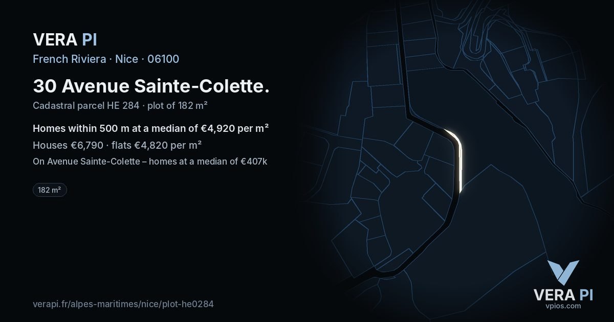 30 Avenue Sainte-Colette, Nice at night – the plot lit, the parcels around coloured by the prices near them