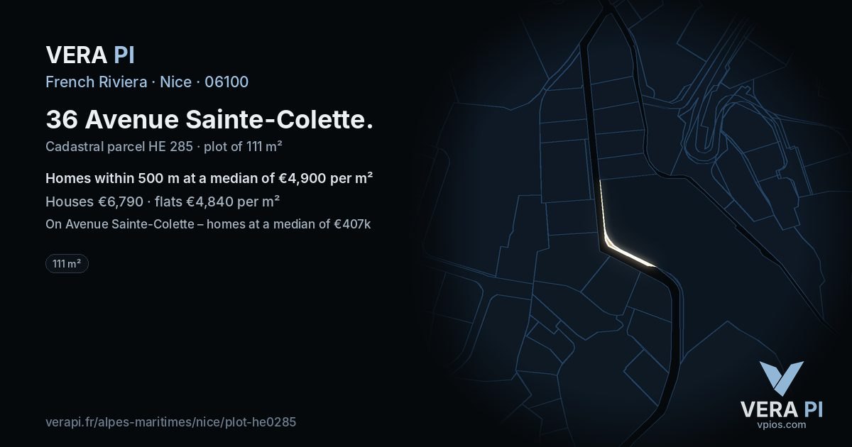 36 Avenue Sainte-Colette, Nice at night – the plot lit, the parcels around coloured by the prices near them