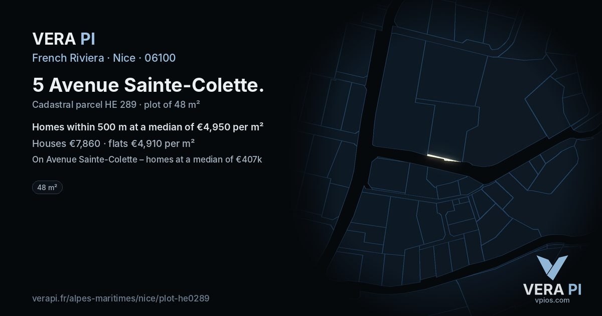 5 Avenue Sainte-Colette, Nice at night – the plot lit, the parcels around coloured by the prices near them