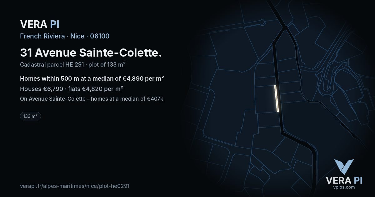 31 Avenue Sainte-Colette, Nice at night – the plot lit, the parcels around coloured by the prices near them