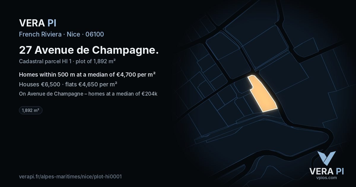 27 Avenue de Champagne, Nice at night – the plot lit, the parcels around coloured by the prices near them