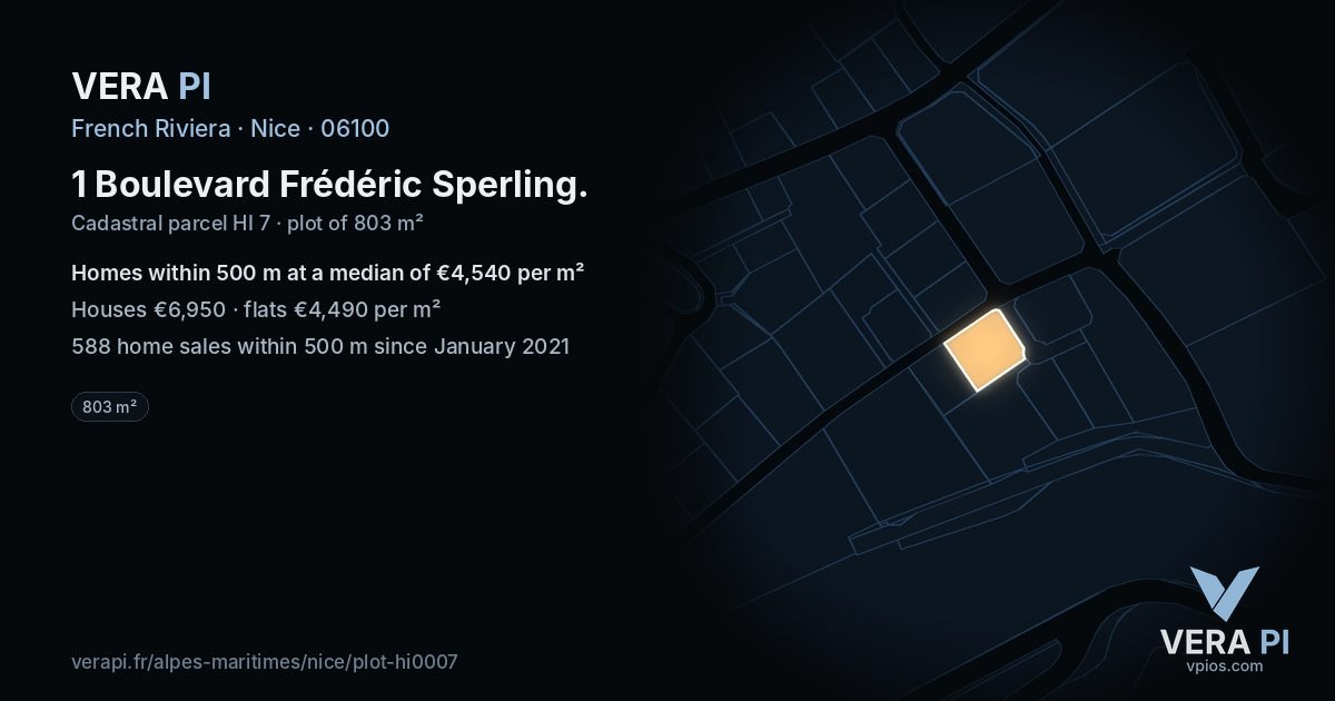 1 Boulevard Frédéric Sperling, Nice at night – the plot lit, the parcels around coloured by the prices near them