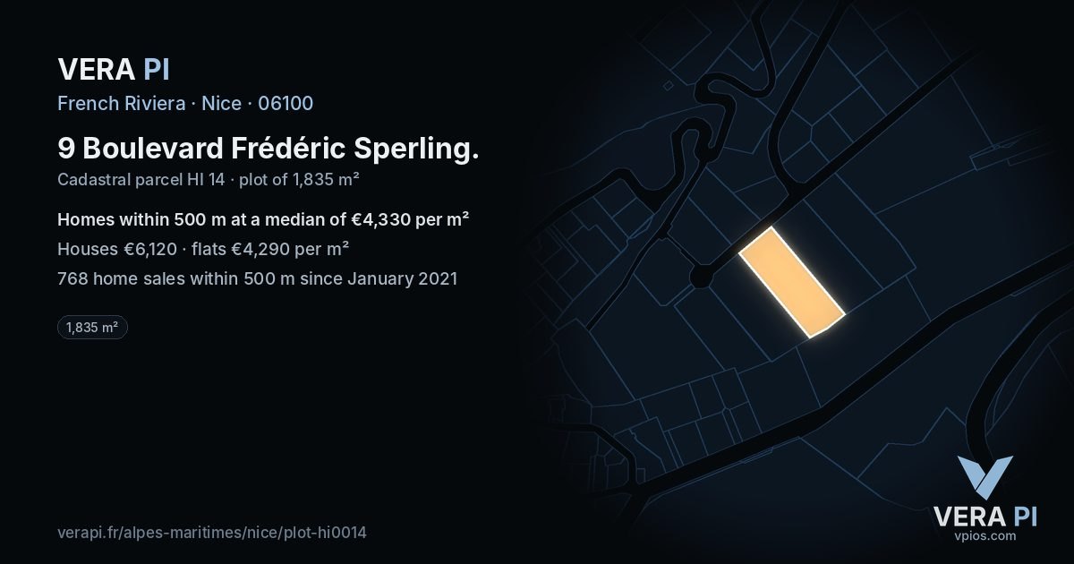 9 Boulevard Frédéric Sperling, Nice at night – the plot lit, the parcels around coloured by the prices near them