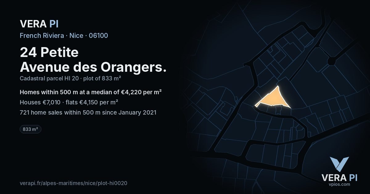 24 Petite Avenue des Orangers, Nice at night – the plot lit, the parcels around coloured by the prices near them