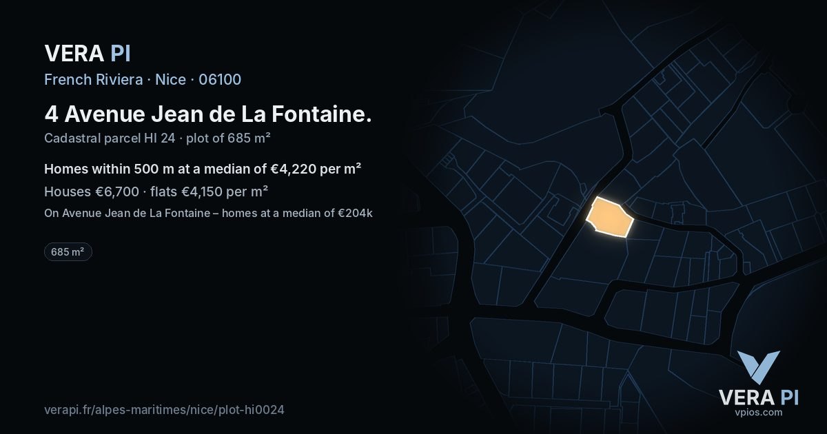 4 Avenue Jean de La Fontaine, Nice at night – the plot lit, the parcels around coloured by the prices near them