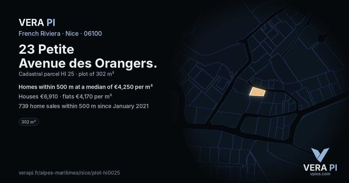 23 Petite Avenue des Orangers, Nice at night – the plot lit, the parcels around coloured by the prices near them