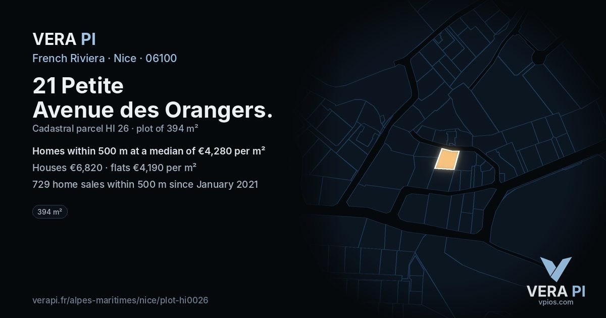 21 Petite Avenue des Orangers, Nice at night – the plot lit, the parcels around coloured by the prices near them