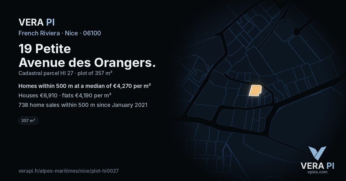 19 Petite Avenue des Orangers, Nice at night – the plot lit, the parcels around coloured by the prices near them
