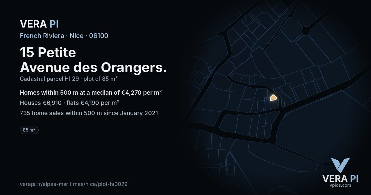 15 Petite Avenue des Orangers, Nice at night – the plot lit, the parcels around coloured by the prices near them