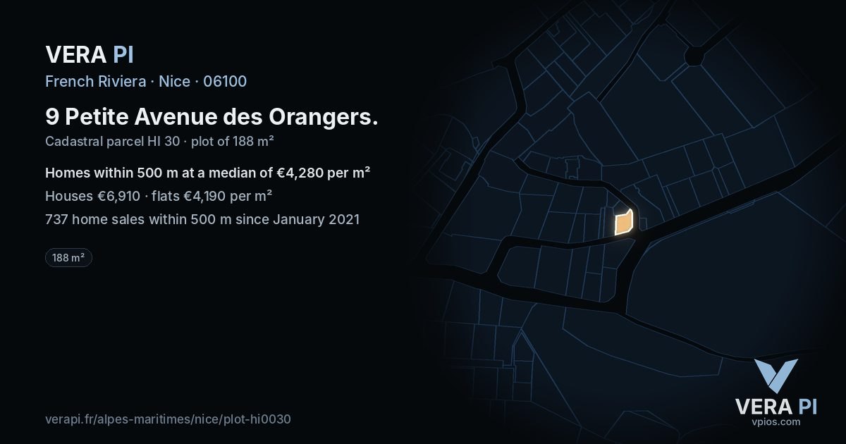 9 Petite Avenue des Orangers, Nice at night – the plot lit, the parcels around coloured by the prices near them