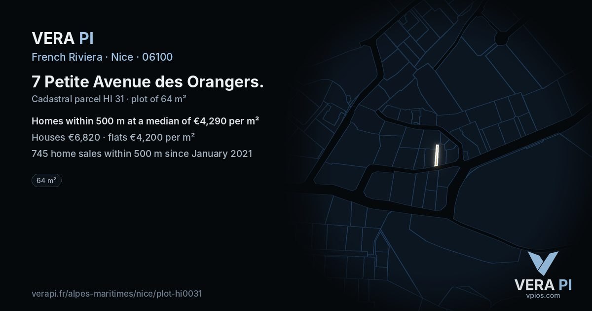7 Petite Avenue des Orangers, Nice at night – the plot lit, the parcels around coloured by the prices near them