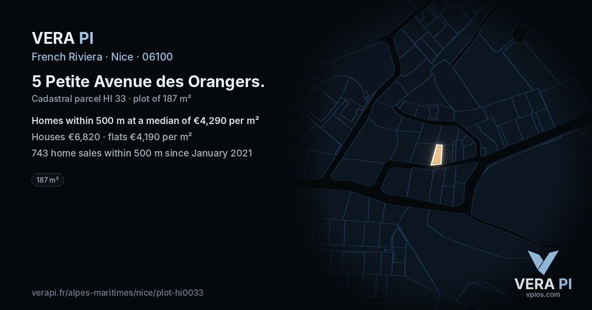 5 Petite Avenue des Orangers, Nice at night – the plot lit, the parcels around coloured by the prices near them