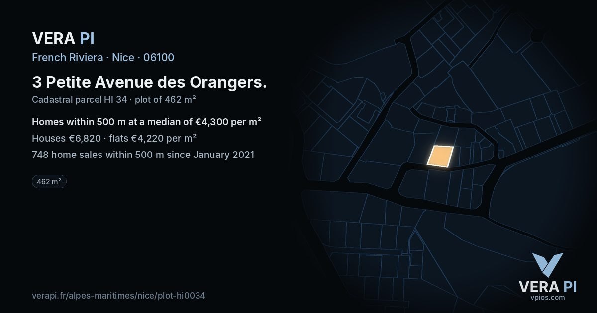 3 Petite Avenue des Orangers, Nice at night – the plot lit, the parcels around coloured by the prices near them