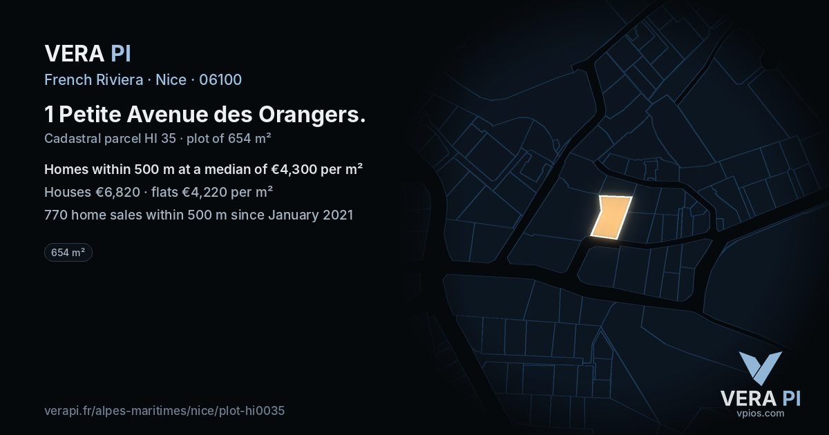 1 Petite Avenue des Orangers, Nice at night – the plot lit, the parcels around coloured by the prices near them