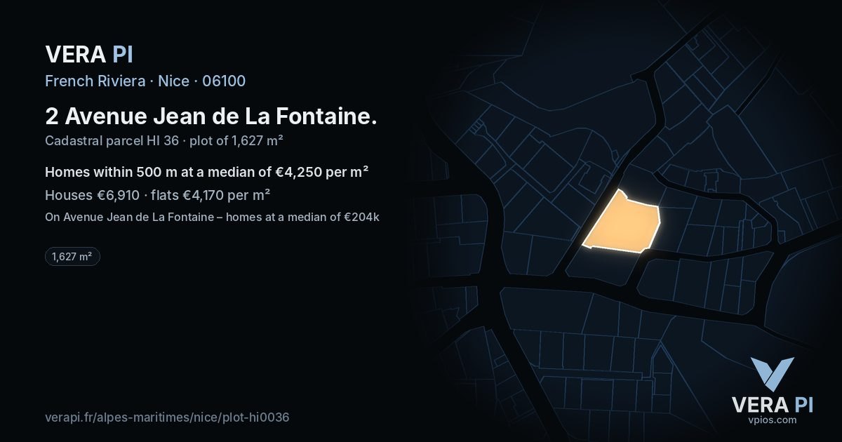 2 Avenue Jean de La Fontaine, Nice at night – the plot lit, the parcels around coloured by the prices near them