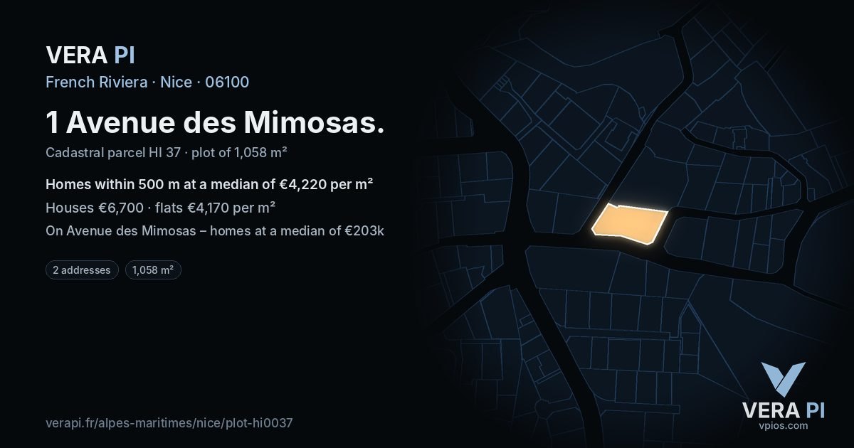 1 Avenue des Mimosas, Nice at night – the plot lit, the parcels around coloured by the prices near them