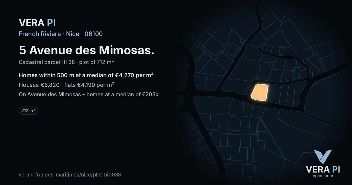 5 Avenue des Mimosas, Nice at night – the plot lit, the parcels around coloured by the prices near them