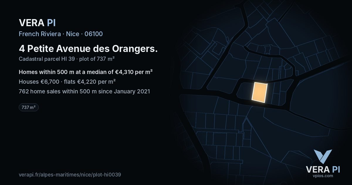 4 Petite Avenue des Orangers, Nice at night – the plot lit, the parcels around coloured by the prices near them