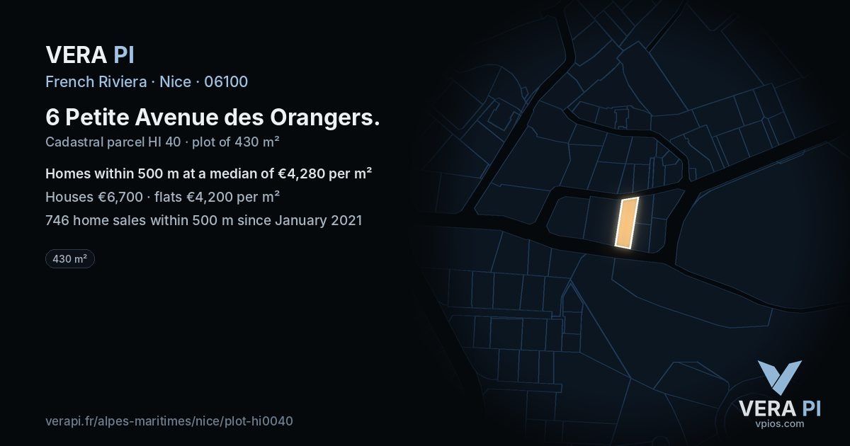 6 Petite Avenue des Orangers, Nice at night – the plot lit, the parcels around coloured by the prices near them