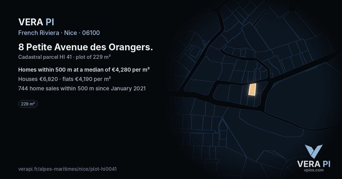 8 Petite Avenue des Orangers, Nice at night – the plot lit, the parcels around coloured by the prices near them