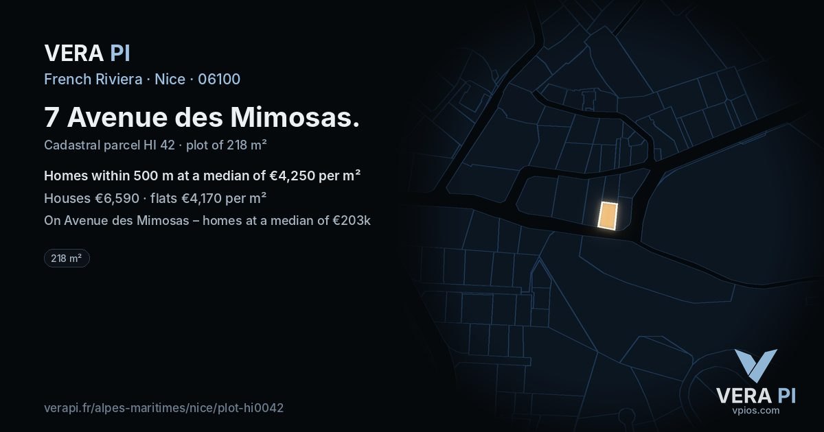 7 Avenue des Mimosas, Nice at night – the plot lit, the parcels around coloured by the prices near them