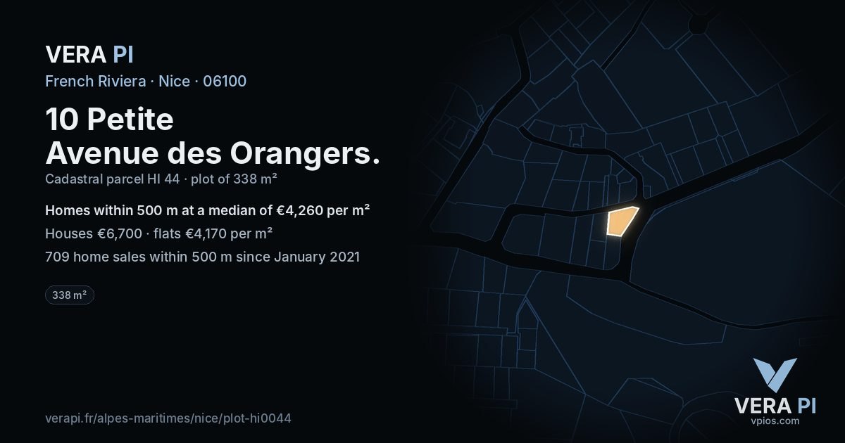 10 Petite Avenue des Orangers, Nice at night – the plot lit, the parcels around coloured by the prices near them
