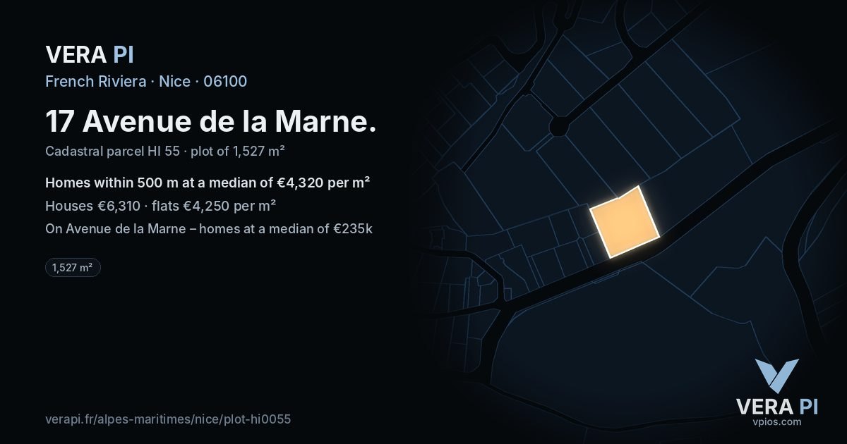 17 Avenue de la Marne, Nice at night – the plot lit, the parcels around coloured by the prices near them