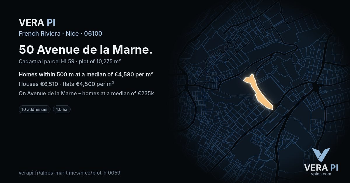 50 Avenue de la Marne, Nice at night – the plot lit, the parcels around coloured by the prices near them